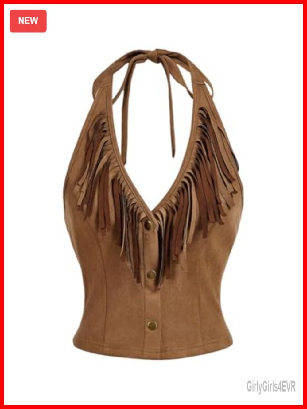 Faux Suede Fringe Halter Crop Top Tie Back Button Down Sleeveless Western